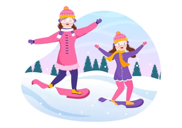 Mãe e filha desfrutando de deslizamento na neve  Ilustração