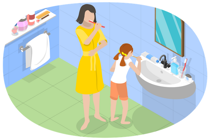 Mãe e filha escovando os dentes juntas  Ilustração
