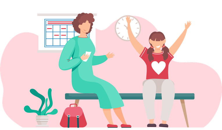 Mãe e filha esperando no banco interno  Ilustração