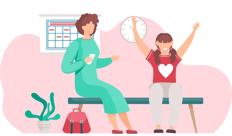 Mãe e filha esperando no banco interno  Ilustração