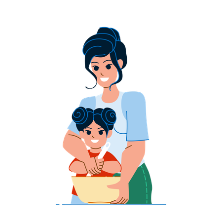 Mãe e filha estão cozinhando juntas  Ilustração