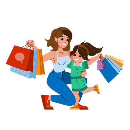 Mãe e filha estão fazendo compras  Ilustração