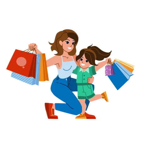 Mãe e filha estão fazendo compras  Ilustração