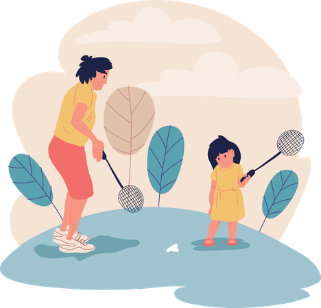 Mãe e filha estão jogando badminton  Ilustração