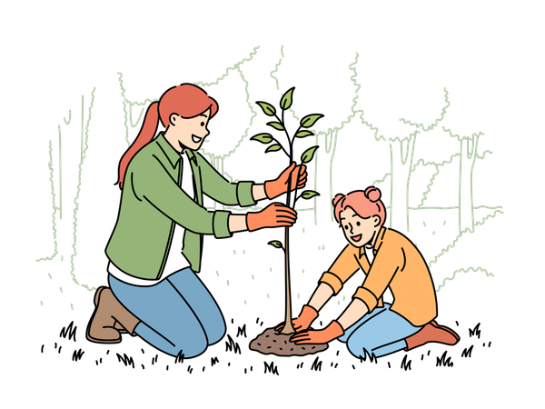 Mãe e filha estão plantando plantas juntas  Ilustração