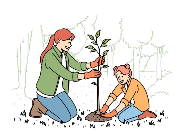 Mãe e filha estão plantando plantas juntas  Ilustração