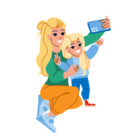 Mãe e filha estão tirando selfie  Ilustração