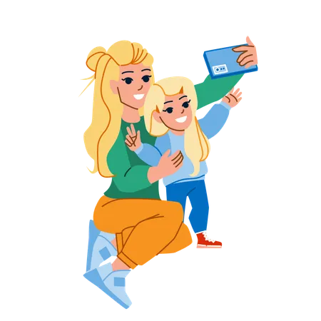 Mãe e filha estão tirando selfie  Ilustração