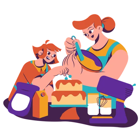 Mãe e filha fazendo bolo juntas  Ilustração