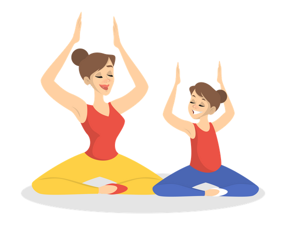 Mãe e filha fazendo exercícios de ioga  Ilustração