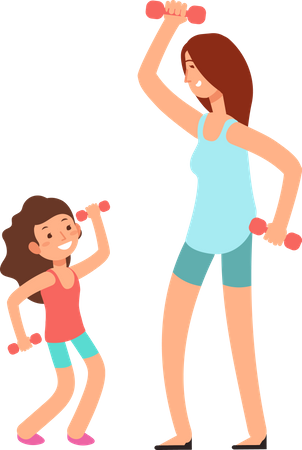 Mãe e menina fazendo exercícios físicos juntas  Ilustração