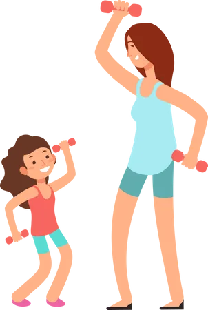 Mãe e menina fazendo exercícios físicos juntas  Ilustração