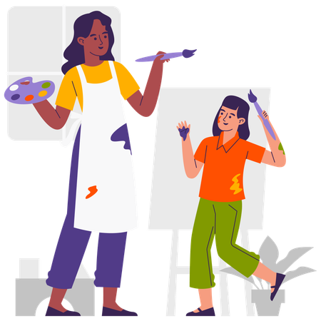 Mãe e filha fazendo pintura  Ilustração