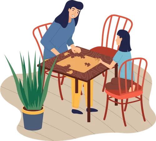 Mãe e filha jogando jogo de lógica de mesa  Ilustração