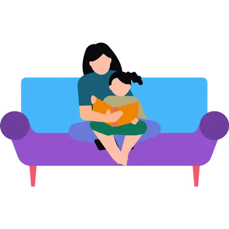 Mãe e filha lendo um livro sentada no sofá  Ilustração