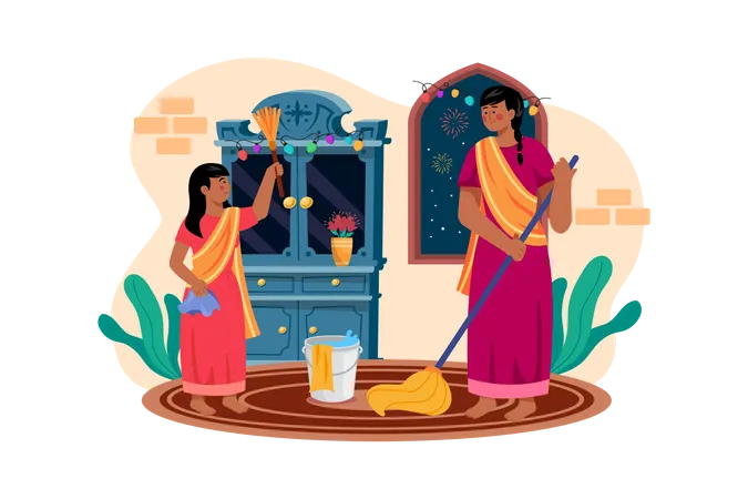 Mãe e filha limpando casa antes da chegada de Diwali  Ilustração