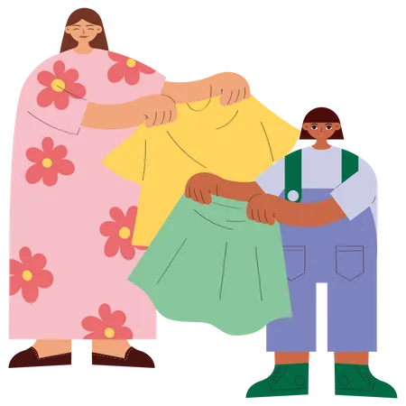 Mãe e filha mostrando roupas  Ilustração