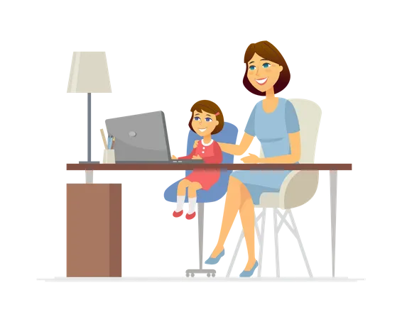 Mãe e filha no laptop  Ilustração