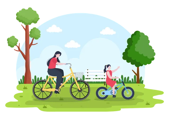 Mãe e filha andando de bicicleta no parque  Ilustração