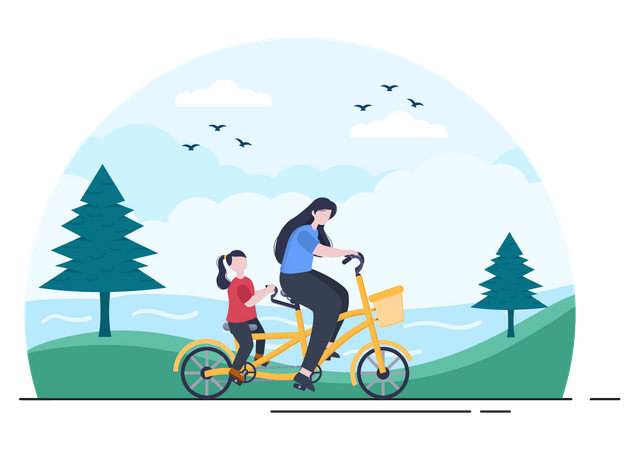 Mãe e filha andando de bicicleta no parque  Ilustração