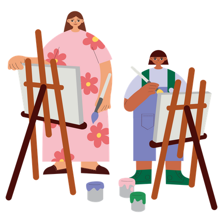 Mãe e filha pintando juntas  Ilustração