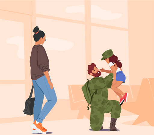 Mãe e filha se reencontram com o pai soldado que está uniformizado  Ilustração