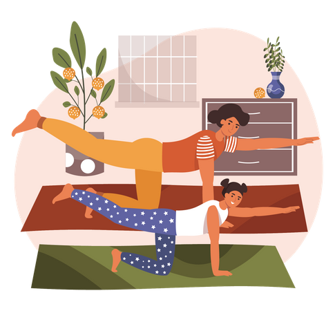 Mãe e filha se exercitando em casa  Ilustração