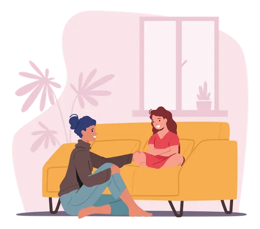 Mãe e filha sentadas no sofá da sala contando segredos  Ilustração