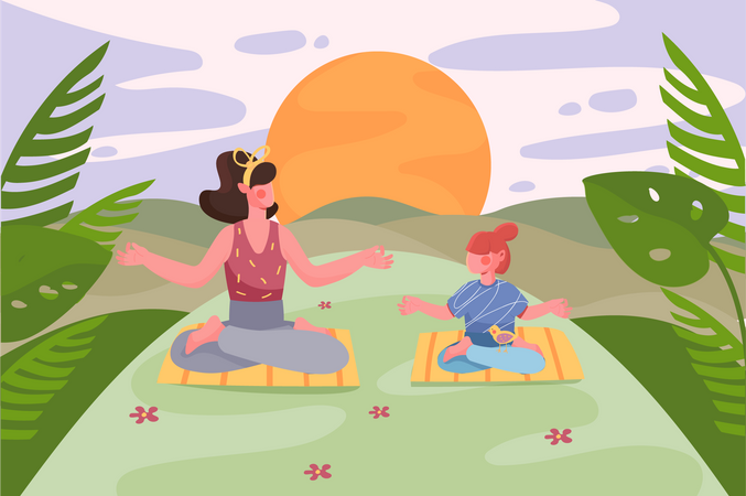 Mãe e filha sentam-se em posição de lótus e meditam ao ar livre  Ilustração