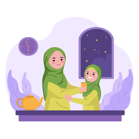 Mãe e menina tomando iftar no Ramadã  Ilustração