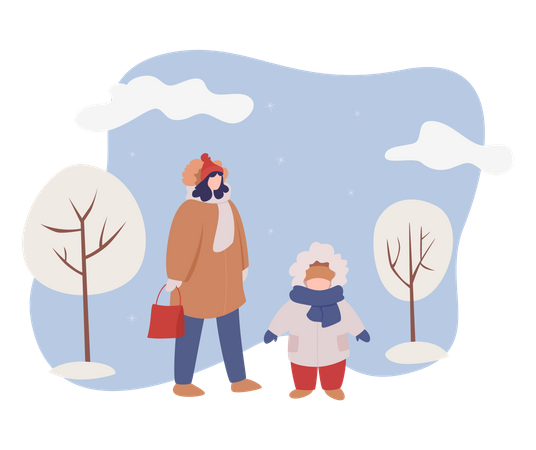 Mãe e filho andando na neve  Ilustração