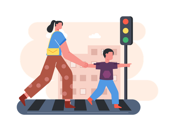 Mãe e filho atravessando a estrada  Ilustração