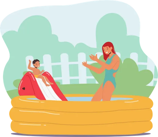 Mãe e filho brincando na piscina  Ilustração