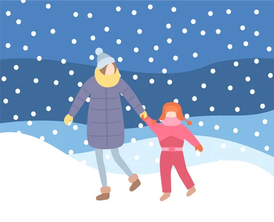 Mãe e filho andando na nevasca noturna no inverno  Ilustração