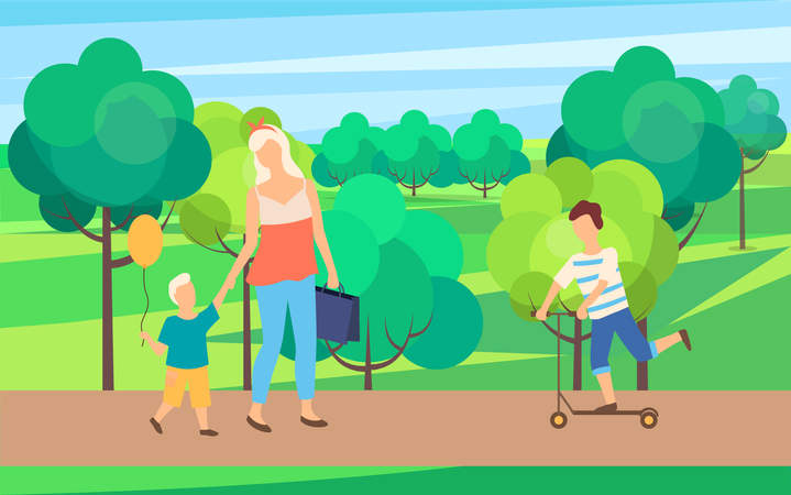 Mãe e filho caminhando juntos no Green Park, árvores  Ilustração