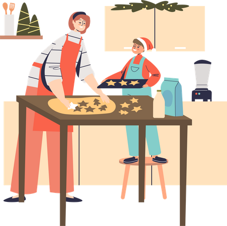 Mãe e filho cozinhando biscoito de gengibre se preparando para o Natal  Ilustração