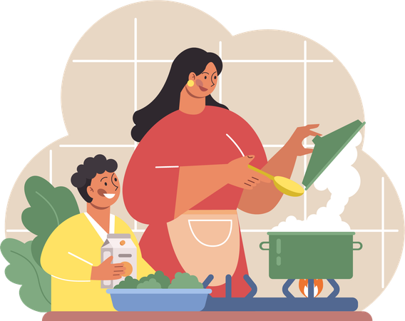 Mãe e filho cozinhando comida  Ilustração