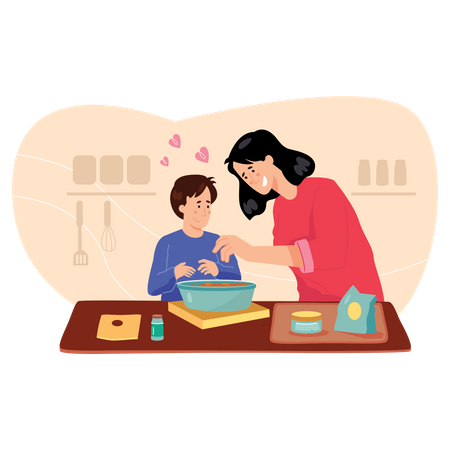 Mãe e filho cozinhando juntos  Ilustração