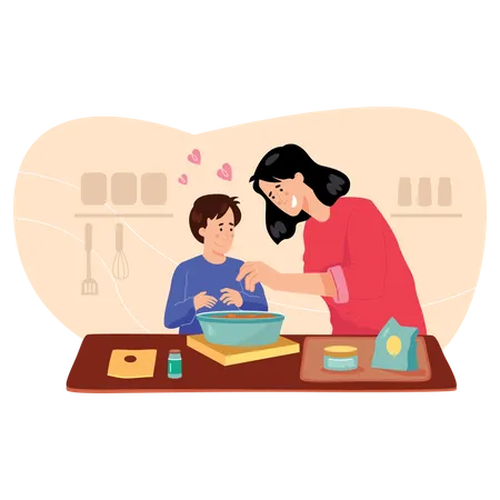 Mãe e filho cozinhando juntos  Ilustração