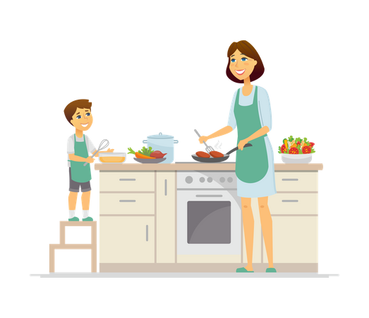 Mãe e filho cozinhando na cozinha  Ilustração
