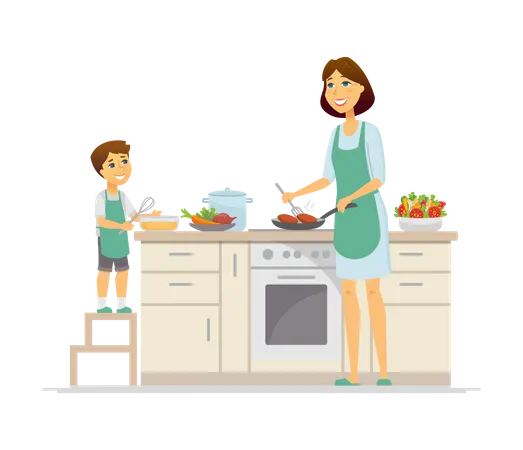 Mãe e filho cozinhando na cozinha  Ilustração