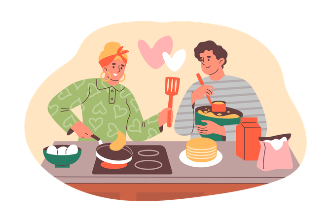 Mãe e filho cozinhando panquecas  Ilustração