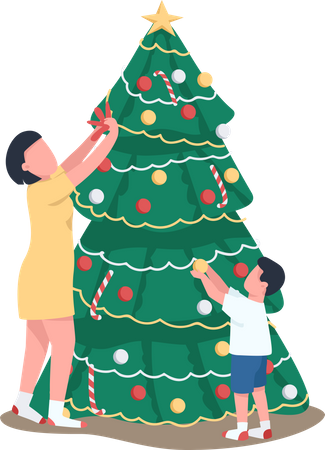 Mãe e filho decorando árvore de Natal  Ilustração