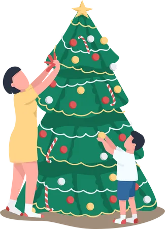 Mãe e filho decorando árvore de Natal  Ilustração