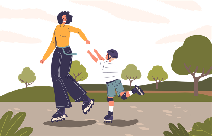 Mãe e filho deslizam de patins  Ilustração