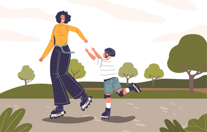 Mãe e filho deslizam de patins  Ilustração