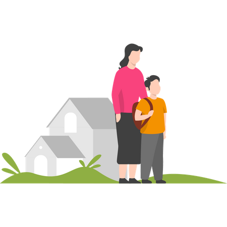 Mãe e filho esperando lá fora em casa  Ilustração