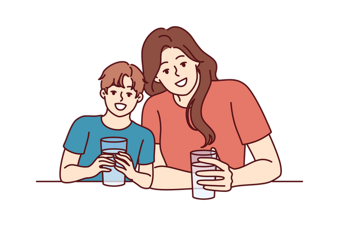 Mãe e filho estão desfrutando de suco  Ilustração