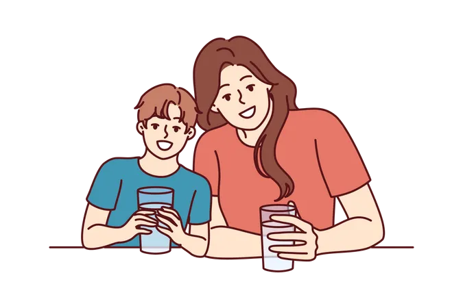 Mãe e filho estão desfrutando de suco  Ilustração