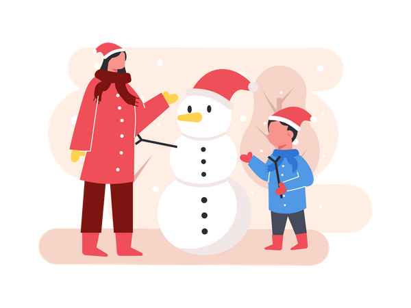Mãe e filho fazendo boneco de neve  Ilustração